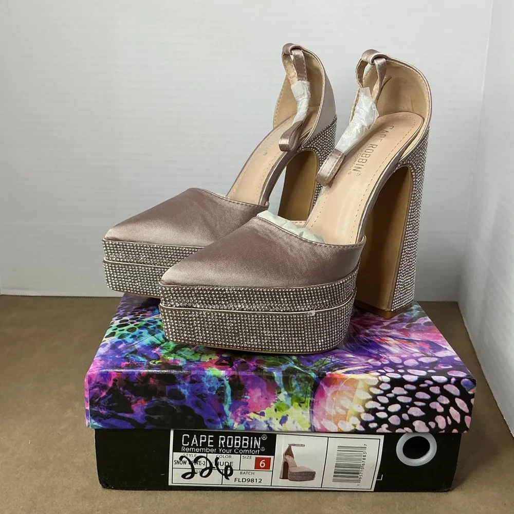 Cape Robbin Snow White-2 Satin Rhinestone Platform Block Heel Pumps Womens 6